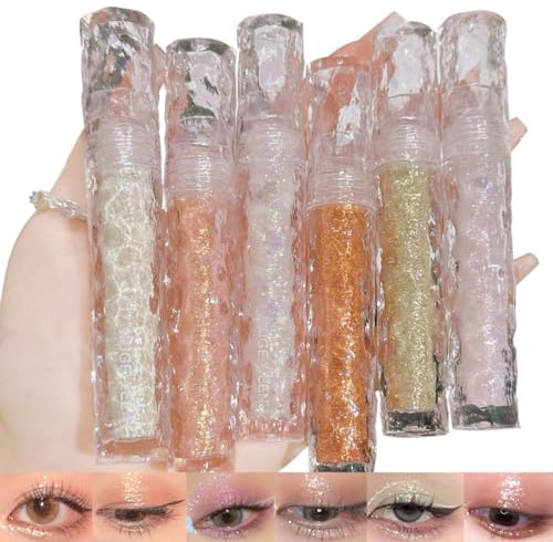 Baorder 6Pcs Glitzer-Lidschatten-Set,Langanhaltender Wasserfester Schimmer Flüssiger Eyeliner,Glitter Flüssiger Eyeshadow Stick,Koreanische Kristalle Makeup