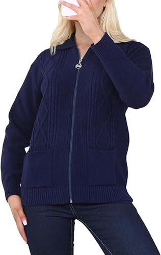 Womens Zipped Cable Knit Long Sleeve Collar Cardigan, Ladies Classic Chunky Winter Knitwear Zip Through Fasten with Pockets Pullover Jumper Top Zipper UK Plus Size 8-22, Navy-20-22