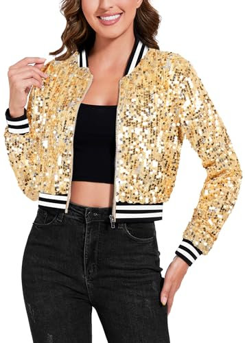 Anna-Kaci Women's Sparkly Sequin Cropped Jacket Long Sleeve Zipper Up Party Club Bomber Jacket, Gold, Large