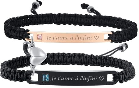 2PCS Bracelets Couple Amoureaux Personalisés - Bracelet Réglable en Cordon Tressé Acier Inoxydable Zircon Cristal Bracelet avec Gravure Bracelets d'Amitié (Je t'aime)