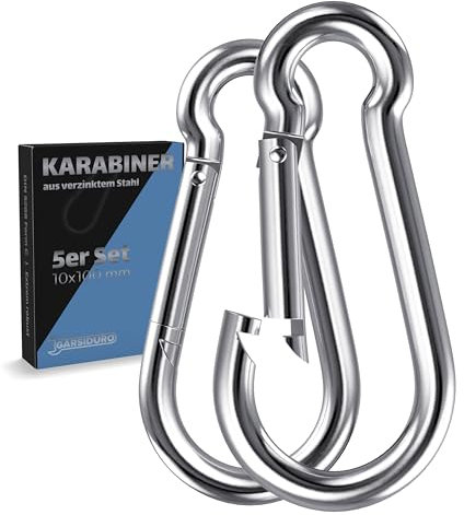 GARSIDURO® Karabinerhaken 5er Set 10x100 mm | Stahl Verzinkt DIN 5299 | Feuerwehr Karabiner Mit Schnappverschluss Als Schlüsselanhänger Oder Schwerlast Karabiner Für Wohnwagen