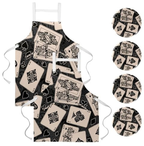 VAPOKF 2 Packs Kitchen Apron, Chefs Waiter Waitress Apron for Cooking Baking Home Cleaning Restaurant Work Bistro Bar with 4 Pcs Brooch Lapel Pins - Skeleton Queen and King Playing Cards