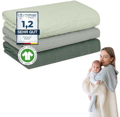 furora BABY Lange Bebe 80x80 cm, Mousseline (très Doux) en Coton Biologique (Oeko TEX 100 + GOTS) | Langes Coton bébé, Mousselines emmaillotage Bebe - Lavable à 60° (Vert)