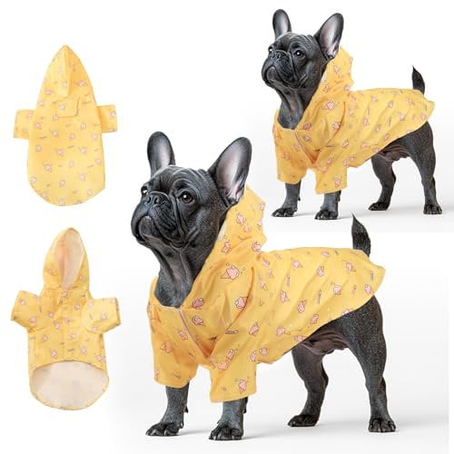 Fiohiros 2 Stück Hunde-Regenmäntel, wasserdicht, leicht, mit Loch für Geschirr, Hunde-Regenmantel mit Kapuze für kleine Hunde (Gelb, L)