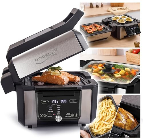 GOURMAX PRO Multifunción: Air Fryer + Horno + Plancha + Parrilla + Grill-Press + Olla 5.6L + Tapa vidrio. 2 zonas XXL independientes, 2 recetas a la vez: 16 Menús. Recetario. Ahorra Energía