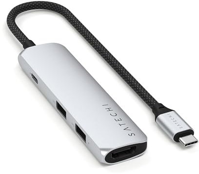 SATECHI USB C Hub 4-in-1 Slim Plus, Multiport Adapter with 4K HDMI, 100W USB-C PD Charging, 2 USB-A Ports, For MacBook, Windows and USB Type-C Devices – Silver