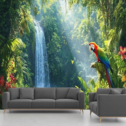 Fototapete Wasserfall – Vliestapete Tropischer Regenwald Papagei Blumen Tapete – Wanddeko & Panorama-Tapete für Wohnzimmer, Schlafzimmer, Flur, 308x220 cm(Nicht selbstklebend Wandtapete)