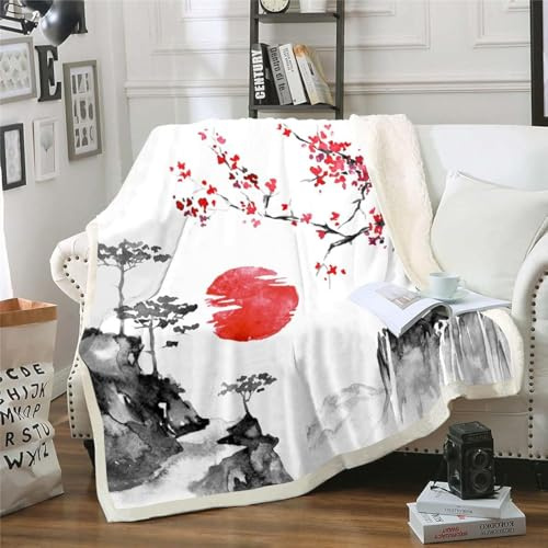 Homemissing Japanische Ukiyoe Decke 220x240cm Kirschblüten roter Sonne Kuscheldecke für Kinder Jungen Mädchen Tusche Japanisches Design Wohndecke für Sofa Bett exotisches Design