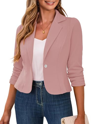 Traleubie Womens Cropped Blazers for Work Casual 3/4 Sleeve Lapel Collar Suit Jacket Business Outfit Pink S