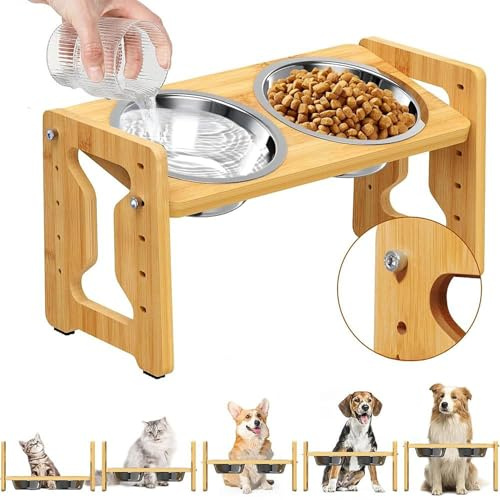 Homeily Elevated Dog Bowl, 9-Height Adjustable Tilt Wood Stand, Steel | Timber frame, rust-proof metal dish, raised pet feeder variable incline, tool-free snap, silicone anti-slip, dishwasher-safe