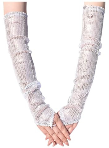 Qiantull Damen Pailletten Handschuhe Fingerlose Ellenbogen Lang Abendhandschuhe Armstulpen Glänzend Handschuhe Kostüm Accessories für Hochzeit Abschlussball Nachtclub Clubwear Party