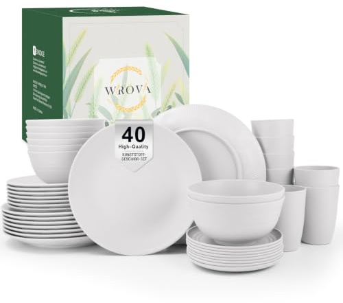Wrova Set di piatti in plastica, 40 pezzi, piatti di plastica, ciotole per cereali, bicchieri di plastica, riutilizzabili, set di stoviglie da campeggio per 8 persone, lavabili in lavastoviglie e
