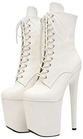 Scarpe da Pole Dance Donna | Stivali Corti in Ecopelle Nera Opaca, Plateau 10 cm | Tacchi 20 cm per spettacoli e Locali notturni,Bianca,36 EU
