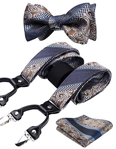 HISDERN Hosenträger für Herren Paisley Y Form mit 6 starken Clips Längenverstellbar Herren Hosenträger und Fliege mit Einsteckuch…