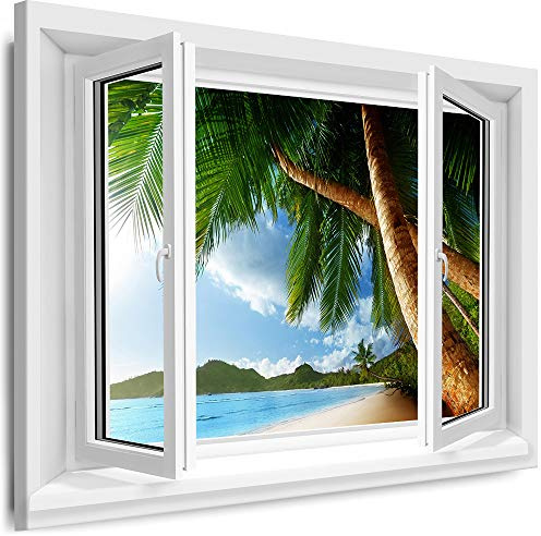 Myartstyle - Bilder Fenster 100x150cm XXL Leinwandbilder - 1 Teilige Wandbilder Fensterblick Meer Strand Palmen Landschaft Natur Kunstdrucke w-D4-175