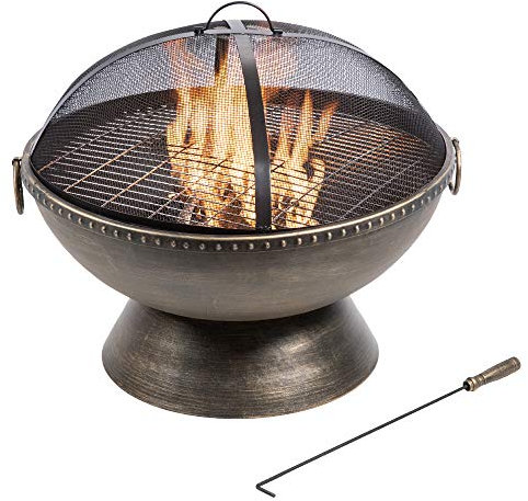 Teamson Home Garten Große Holzbefeuerte Feuerstelle, Gartenmöbel, Kaminofen, Feuerstellenheizung, Metall-Feuerschale, Holzbrenner mit Schürhaken und Deckel, metallisch