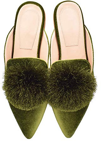 Fericzot Mules for Women,Slip On Backless Loafers Flats Puff Pompom Pointed Toe Casual Shoes Slippers Green 9