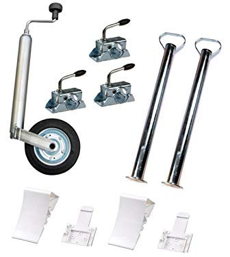 Kit d'accessoires pour remorque de voiture : roue stabilisatrice, supports 700 mm, support de serrage, cales avec support (blanc)