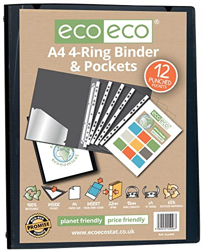 eco-eco A4 65% Recycled Presentation 4 Ring Binder with 12 Multi Punched Pockets Black, eco046