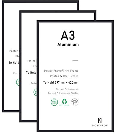 ATOBART Lot de 3 cadres photo, format A3, pour certificat, en aluminium, noirs, avec plexi-glass, pour montage mural, 29,7 x 42 cm
