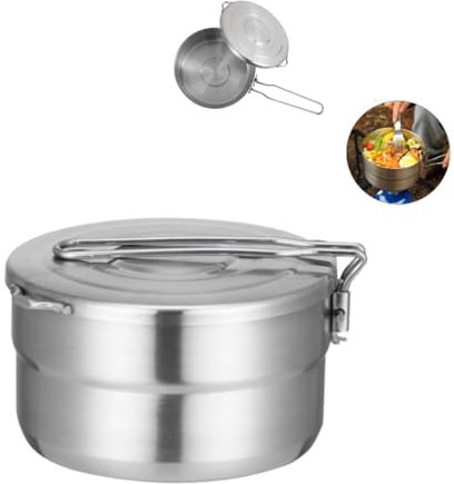 DenpenTEC Stainless Steel Cook Pot with Lid and Folding Handle - 1.5L Large Capacity Bento Pot for Camping and Hiking