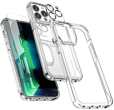 ORETech Cover per iPhone 13 Pro(6.1 Pollici),[2 Pezzi Pellicola Protettiva in Vetro Temperato& 1 Pezzi Pellicola Fotocamera]Custodia Antiurto Ultra Sottile Hard PC TPU Cover iPhone 13 Pro -Trasparente