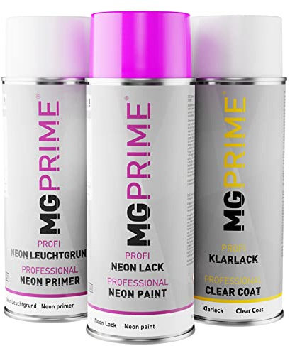MG PRIME Neonlack Set Leuchtgrund Klarlack Neonpink glänzend | Spraydose, Sprühdose, Acryllack, 3x 400 ml, hochglänzend, hohe Leuchtkraft, hervorragende Deckkraft, Made in Germany