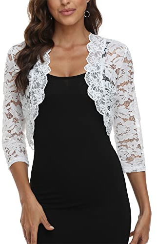 MISS MOLY Boléro pour femme - Veste courte en dentelle festive - Manches 3/4 - Pour mariage, Blanc., 44-46