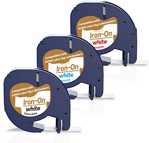 3 x Multicolor Iron on Label Tape Replacement for DYMO LetraTag Iron-On Fabric Labels 18769 18777 18773, 12mm x 2m Clothing Labels Replacement for Dymo Letratag Label Maker LT-100H LT-100T LT-110T