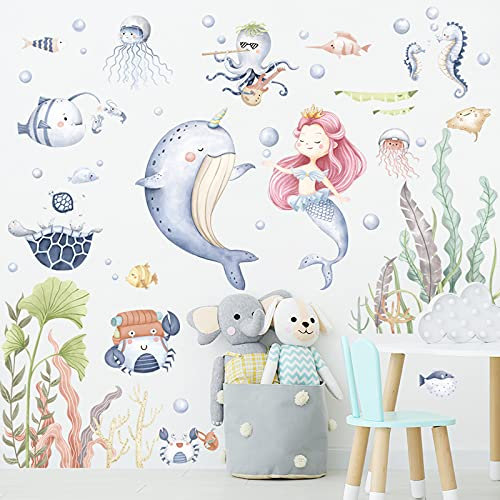 BuerHomie Wandtattoo Kinderzimmer Mädchen,Meerjungfrauen Meerestiere Wandaufkleber, Wanddeco für babyzimmer