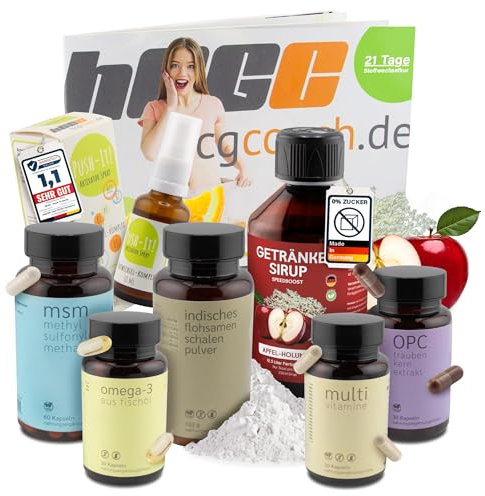 hCGC Stoffwechselkur 21 Tage Komplettset - B Vitamine Spray, Omega 3, OPC, MSM, Vitamin Komplex Kapseln, Flohsamen Pulver, Zuckerfreier Sirup Apfel - Unterstützt Stoffwechsel & Verdauung