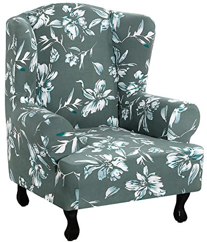 Highdi Ohrensessel Bezug 1-Teilig Elegantes Blumenmuster Sesselbezug, Sesselüberwürfe Ohrensessel Überzug Stretch Sesselhusse mit Armlehne für Relaxsessel, Fernsehsessel (Grau Grün)