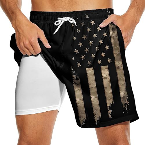 Partrest Costume da bagno da uomo con bandiera americana, con fodera a compressione, con bandiera USA, pantaloncini da bagno con tasca, Bandiera americana nera scura, 4X-Large