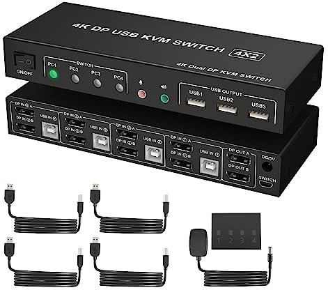 4 Port KVM Switch Dual Monitor Displayport 4K 60Hz, KVM Switch 2 Monitors 4 Computers with 3 USB 2.0 Ports and with Audio Microphone Output, DP Monitor Switch for 4 PCs 2 Monitors