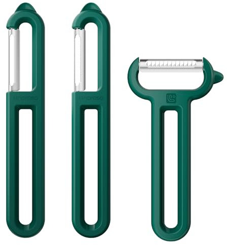 Linoroso 3PCS Sparschäler mit Spitzen Spitzen, I-förmige Glatte, Gezackte und Y-Julienne-Klinge zum Schälen und Streifen von Obst und Gemüse, Schärfe, Geschmeidigkeit und Bequemer Griff - Grün
