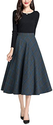 Jupe Longue Femme Hiver Taille Haute Élégant Carreaux Laine Midi Skirts A-Ligne Plissée Jupe avec Poches Blue M