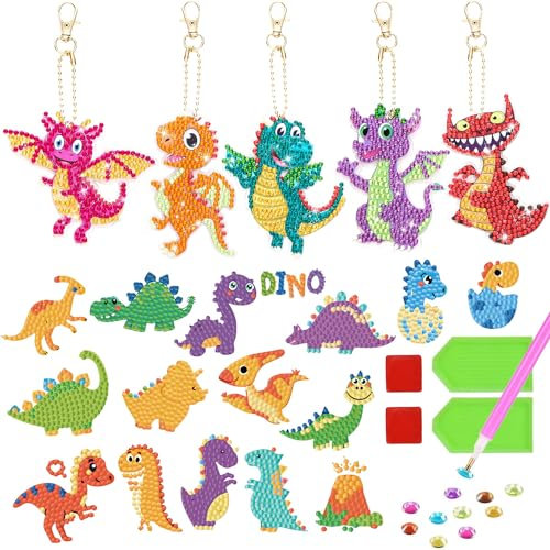 21 Piezas Diamond Painting Diamond Painting Kit Completo Pintura con Diamantes Dinosaurio Pintura Diamante Decoración Llavero de Pintura de Diamantes Diy con Pegatinas de Diamantes para Niños