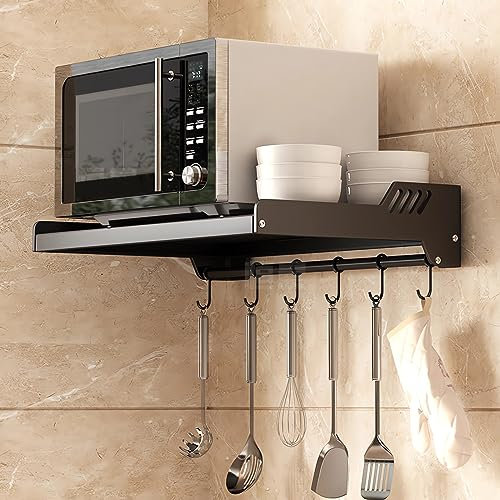 FREEUP Estantería de pared para microondas para cocina, soporte para microondas de acero inoxidable, color negro, soporte para microondas con 6 ganchos, montaje adhesivo o montaje en taladro