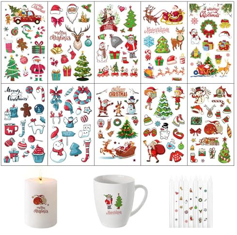Kerzentattoos Weihnachten, 10 Bögen Kerzentattoos Bunt Wasserschiebefolie Kerzen Tattoo Folie Kerzenaufkleber Sticker kerzenfolie Für DIY Tasse Kerze Weihnachten Geschenk Für Kerzen/Keramik (A)