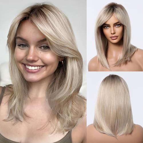 Testar Blonde Bob Wig with Curtain Bangs & Dark Roots - Heat Resistant Synthetic Wig for Daily Party Use (Pelucas de Mujer)