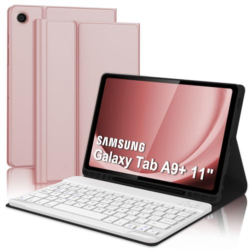 Funda con Teclado para Samsung Galaxy Tab A9+ 11'', Teclado Bluetooth Inalámbrico Desmontable con Funda y Portalápices para Samsung Galaxy Tab A9Plus 11 Pulgadas 2023(SM-X210/X216/X218), Oro Rosa