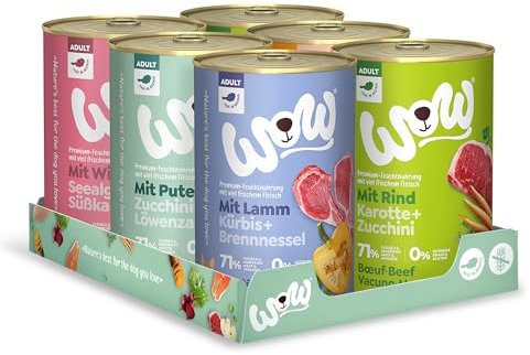 Wow Nassfutter für Hunde, verschiedene Geschmacksrichtungen, 6 x 400 g, (2 x Rindfleisch, 1 x Lamm, 1 x Truthahn, 1 x Lachs, 1 x Hirsch)