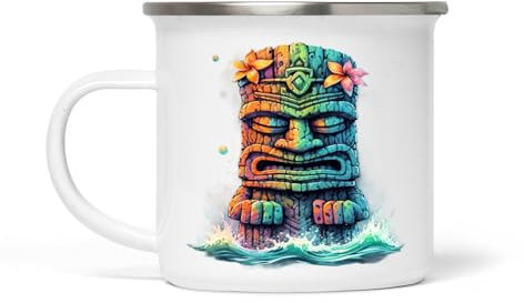 Vintage Tiki Weiße Emaille Tasse - 354 ml, langlebig und elegant, Ideal für Kaffee, Tee und heiße Getränke