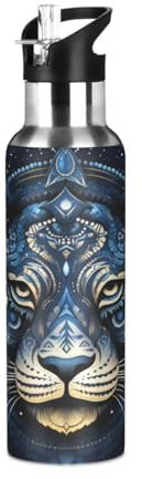Niigeu Animal Tigre De L'Espace Artistique Bouteille d'eau Isotherme avec Paille en Acier Inoxydable Gourde, Sans BPA Gourdes Eau pour Enfant Sport Randonnée École Bureau (600ml/1L)