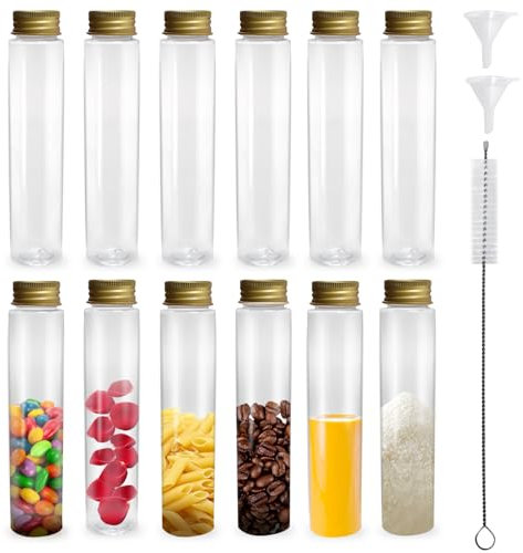 Prebarfun 12 Stück Reagenzglas mit Schraubverschluss 110ml, ReagenzgläSer Kunststoff Verschluss, LaborröHrchen Kunststoff mit Reinigungsbürste, Trichter, ReagenzgläSer für Hydroponics Small