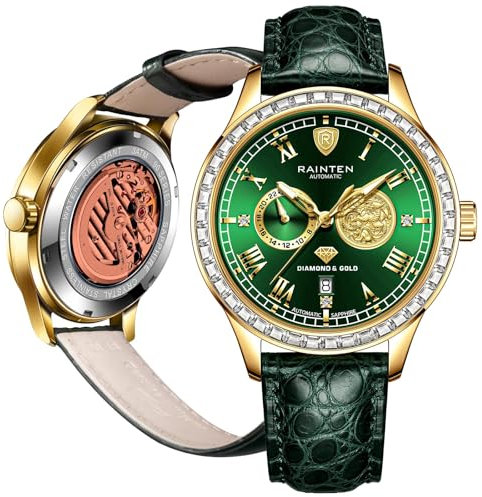 RAINTEN Uhren für Herren, Luxus Mechanische Herren Automatikuhr mit 999 Gold, Lederband & Datumskalender Leuchtende Herren Armbanduhren, Grün , Lässiges Kleid, modisch, luxuriös