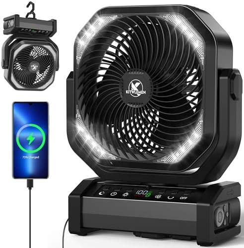 Camping Fan with Light, 20000 mAh Table Fan, 112 Hours Max Runtime, 9 Speeds, Timer, Automatic Oscillation, 270° Rotation & Hook for Camping, Power Outage, Hurricane
