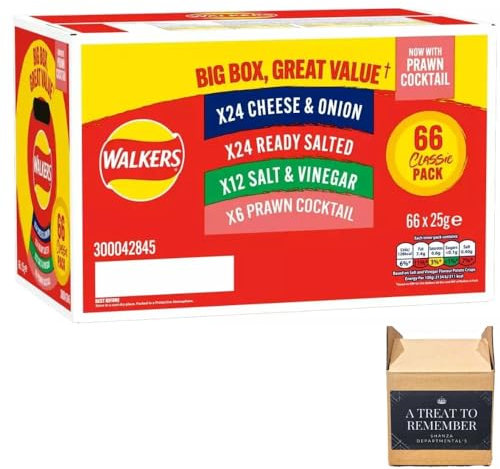 Walkers Crisps Walkers Classic Box Crisps (24 x Cheese Onion, 24 x Ready Salted, 12 x Salt & Vinegar, 6 x Prawn Cocktail) 4 Different Flavours 66x25g