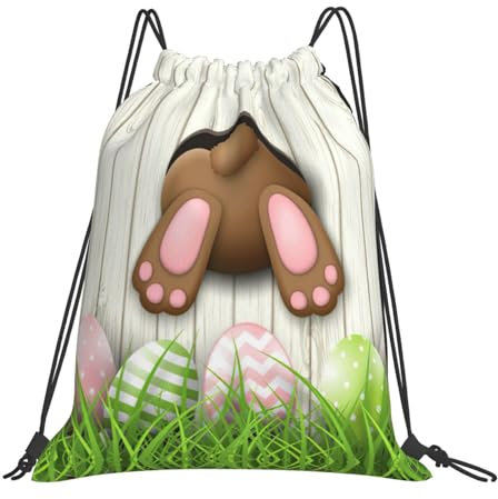 Osterhasen-Rucksack mit Holzloch, Kordelzug, leichter Rucksack für Damen und Herren, Turnbeutel mit Kordelzug, weiß, One size