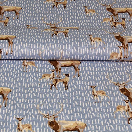 Weihnachts Stoff Hirsch Hellblau – Baumwollstoff Meterware 140 cm, Hirschstoff Weihnachten Hellblau, Landhaus & Deko Stoff für Tischdecken & Kissen